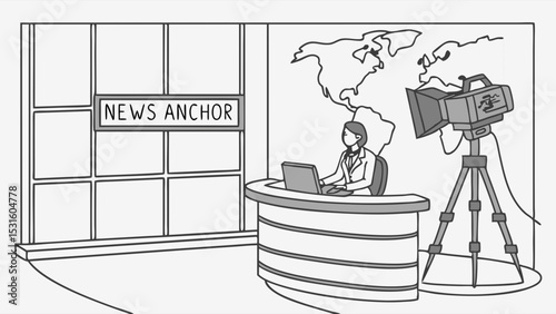 Illustrated News Studio Featuring Anchor Camera and World Map