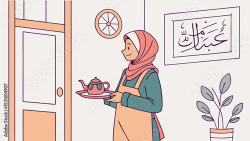 Muslim Woman Serving Tea in a Home