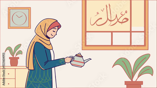 Muslim woman holding a teapot in a room with Arabic calligraphy