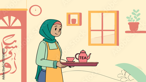 Muslim Woman Serving Tea in a Cozy Cafe