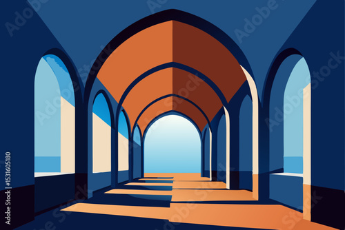 Vector illustration of a long blue and orange arched hallway