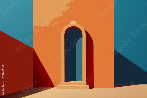 Vector illustration of colorful abstract building with archway