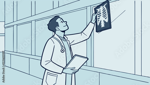 Doctor Examining XRay in Hospital Corridor Illustration