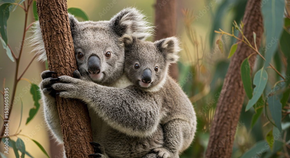 Fototapeta premium Adorable Koala Mother and Baby Clinging to Eucalyptus Tree