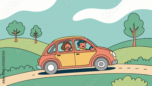 Cartoon Illustration of a Car with Two Happy Passengers