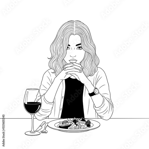 Lonely woman dining alone, contemplative mood, black and white, with wine and food