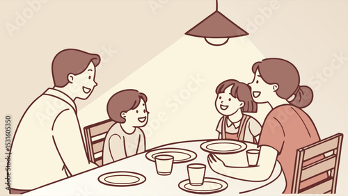 Cartoon family of four sitting at a table smiling