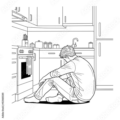 Young man sitting on the kitchen floor, reflecting with a worried expression, indicating stress or overwhelm 