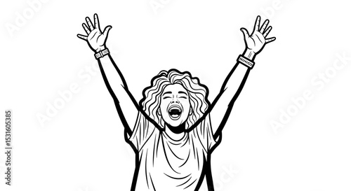 Excited young girl celebrating with hands raised, enjoying the thrill of a concert experience copy space