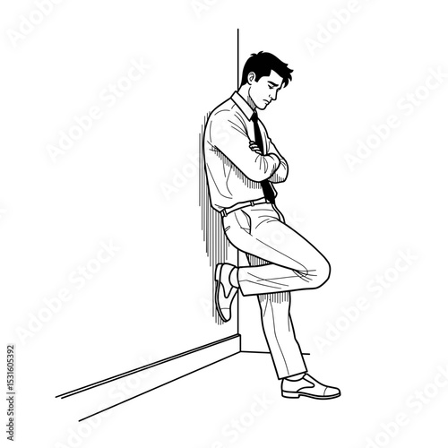 Young businessman leaning against the wall with arms crossed, portraying a moment of contemplation 