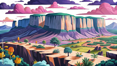 Vector landscape of Mount Roraima tabletop mountain in Venezuela, featuring dramatic cliffs, misty atmosphere, and lush surroundings perfect for adventure themes