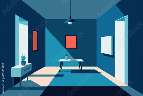 Vector illustration of a modern office interior with blue walls and furniture