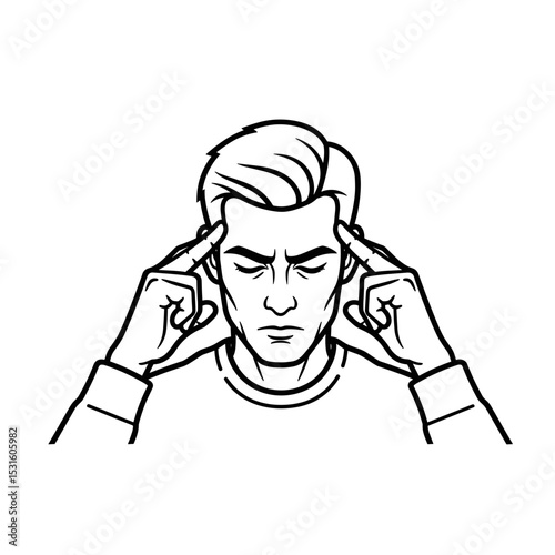 Man relieving stress by massaging his temples with a focused expression