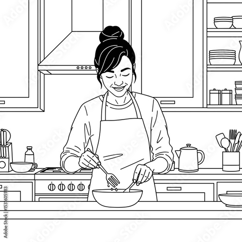 Woman cooking happily in a modern kitchen while preparing a meal