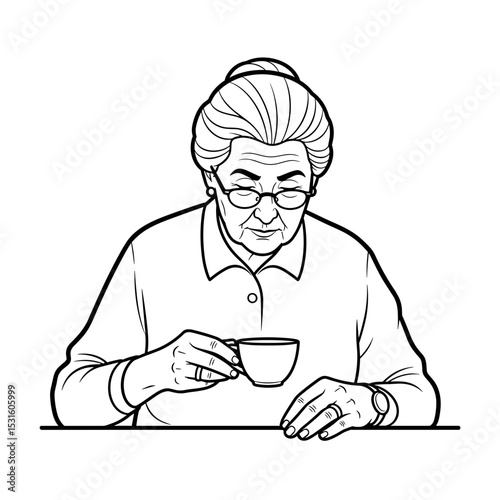 Elderly woman savoring a cup of tea with a reflective expression