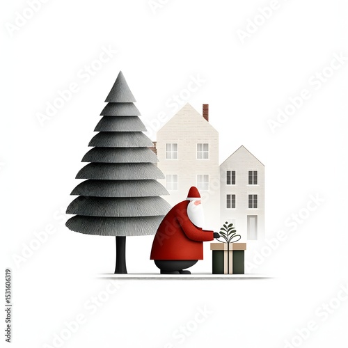 Santa Claus places holiday gift beside Christmas tree near snow-covered village houses
