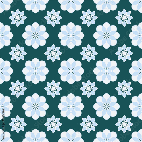 Repeating white and blue floral shapes on a teal background. A soft yet structured design combining geometric balance and organic bloom shapes.