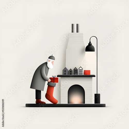 Santa Claus placing red gift into Christmas stocking beside tall fireplace with miniature houses on mantel, illustration