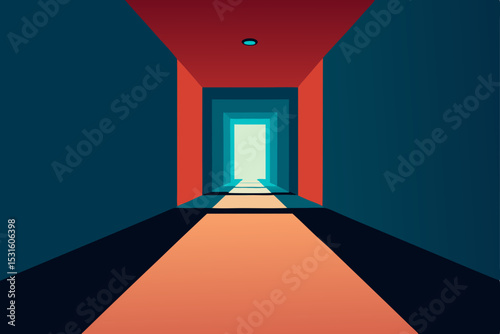 Vector illustration of colorful corridor with open door