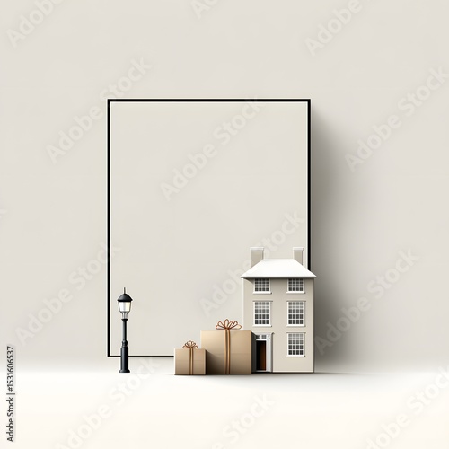 Holiday house, lantern and gift boxes arranged beside vertical poster mockup on neutral background for festive design