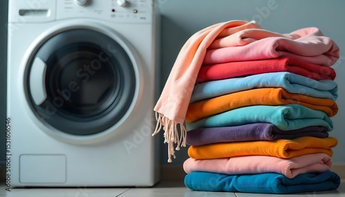 Dirty laundry clothes stacked, piled up next to the washing machine, colorful laundry clothes waiting to wash, created with generative ai