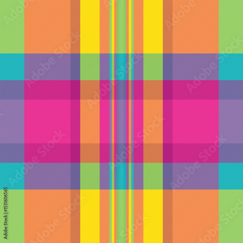 Vibrant, colorful plaid pattern with intersecting stripes. Perfect as a bold background, textile design, or for adding a playful touch to creative projects.