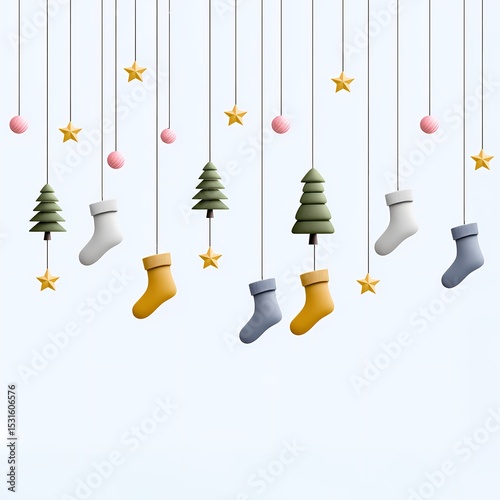 Colorful Christmas stockings, stars, baubles and trees hanging on strings in festive minimal style on light background