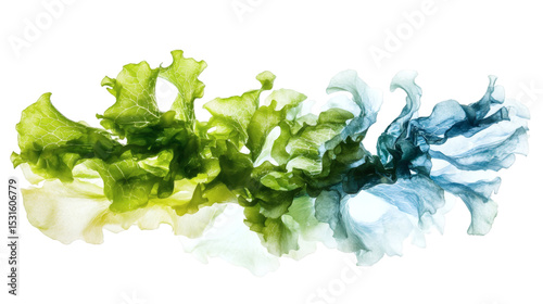 Levitation of mystical floating sea lettuce crisps glowing with faint blue aura isolated on white background 