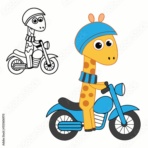 Adorable Giraffe Riding a Motorcycle Fun Cartoon Illustration for Kids