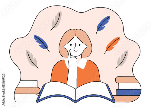 Enthusiastic Girl Reading a Book, Surrounded by Falling Feathers, Illustration