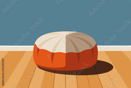  fabric pouf on wood floor with blank background