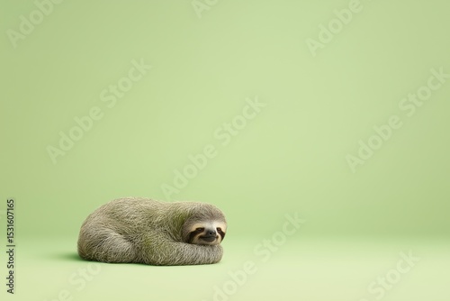 adorable sloth curled up and resting on soft green background with minimalistic composition