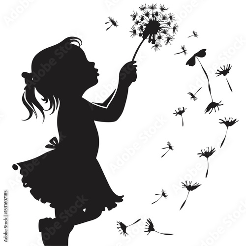 Silhouette of a Little Girl Blowing Dandelion Seeds A Whimsical Black and White Illustration