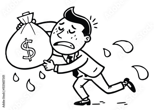 Overburdened Businessman Struggling Under the Weight of Financial Pressure A Retro-Style Illustration