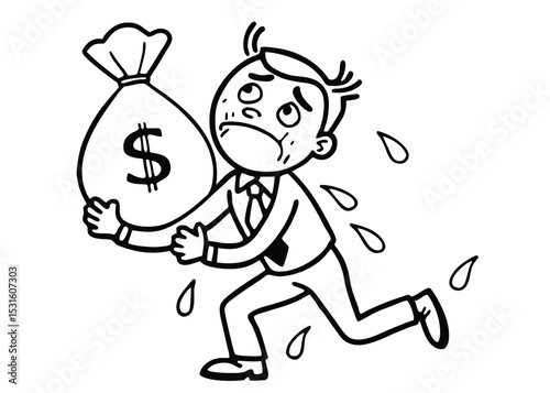 Stressed Businessman Struggling Under the Weight of a Heavy Money Bag Financial Burden and Stress Illustration