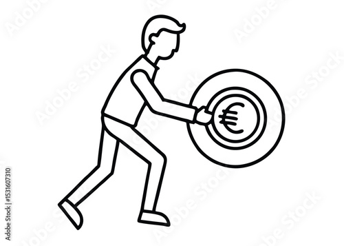 Man Rolling a Large Coin Illustration of Financial Effort and Investment