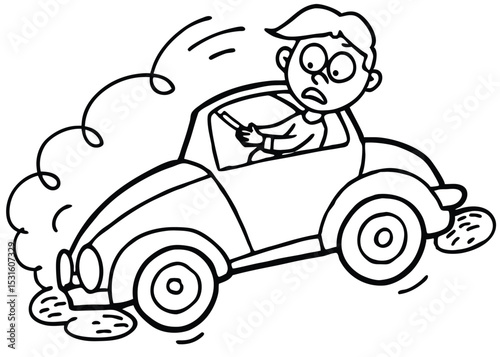 Cartoon Illustration  Worried Driver in a Skidding Car, Black and White Line Art