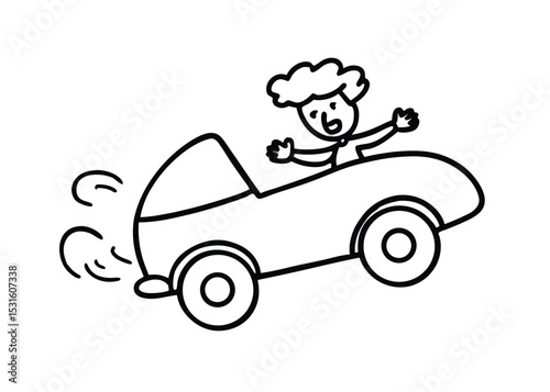Joyful Kid Driving Cartoon Car Fun, Whimsical Illustration for Children's Books, Prints, and Designs