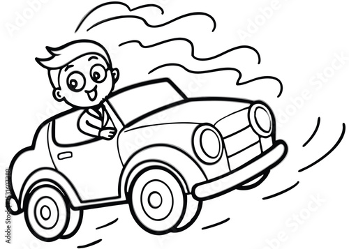 Joyful Boy Driving a Classic Car Fun Coloring Page Illustration