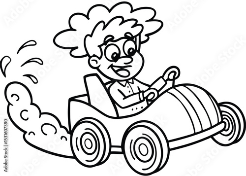 Happy Boy Driving Fast Cartoon Car Fun Black and White Illustration