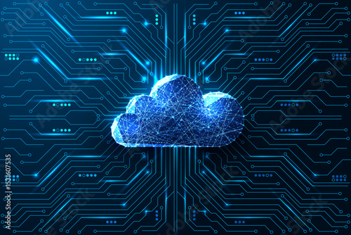 Cloud networking and big data storage with polygonal cloud over digital grid, vector illustration