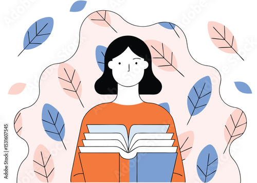 Woman Reading Book Surrounded by Autumn Leaves Illustration