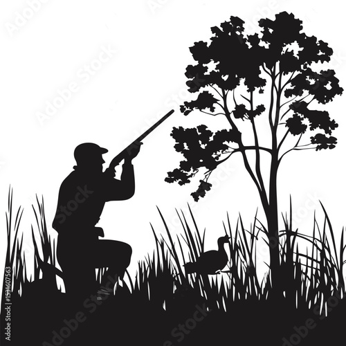 Hunter Silhouette Bird Hunting in a Natural Setting -  Vector Illustration