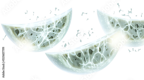Magical floating slices of enchanted moonlit cheese with glowing veins isolated on white background 