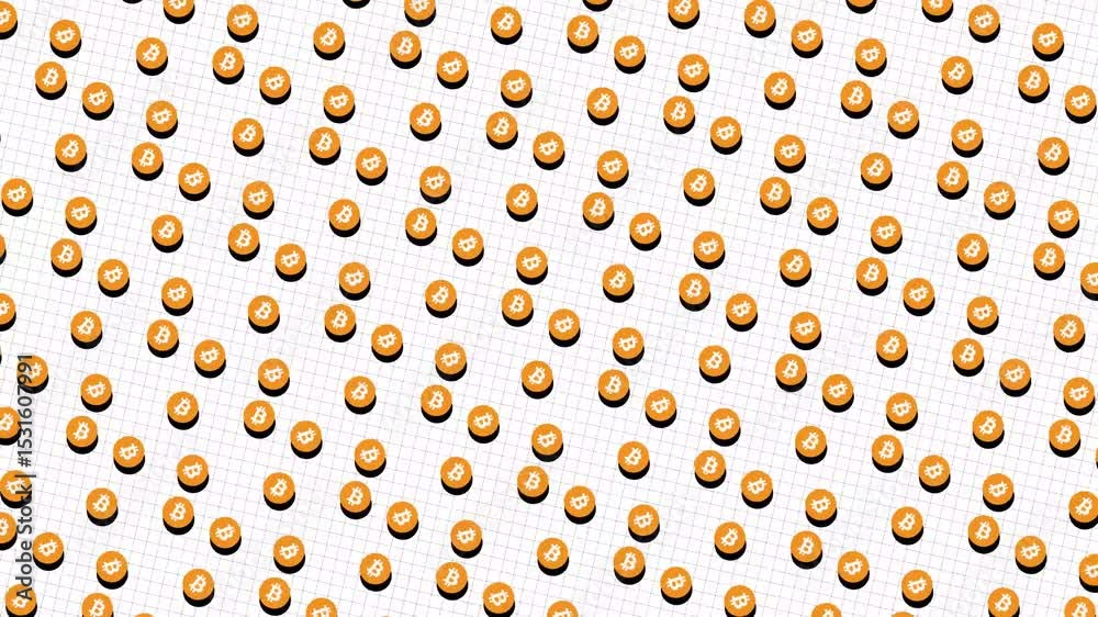 Bitcoin icons in flat design drift in distant diagonal rows across a minimal white grid, highlighting blockchain, decentralized networks, and crypto transactions.
