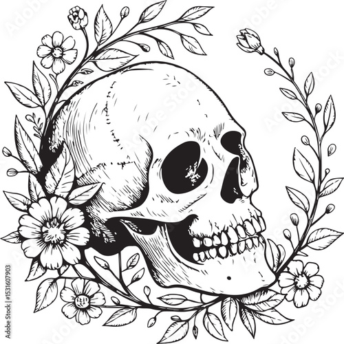 Human Skull in Flower Frame with Flowers Vector Illustration, Sketch Drawing Line Linear Symbol Icon Engraving Coloring Book, Hand-drawn Black and White Isolated