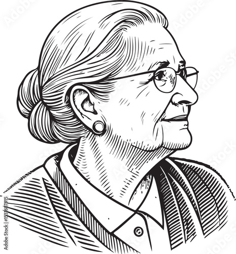 Elderly Senior Old Woman, Grandma or Grandmother, Vector Illustration, Sketch Drawing Line Linear Symbol Icon Engraving Coloring Book, Hand-drawn Black and White Isolated