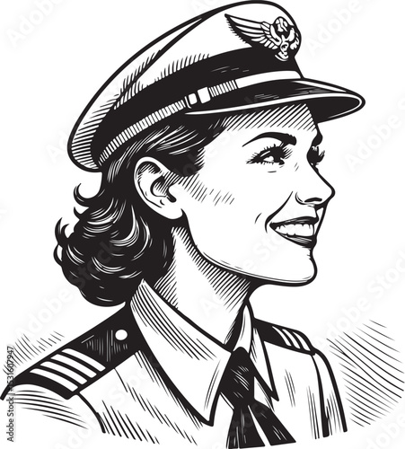 Smiling woman female pilot Vector Illustration, Sketch Drawing Line Linear Symbol Icon Engraving Coloring Book, Hand-drawn Black and White Isolated
