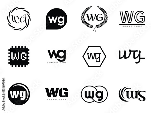 WG logo company template. Letter w and g logotype. Set different classic serif lettering and modern bold text with design elements. Initial font typography.