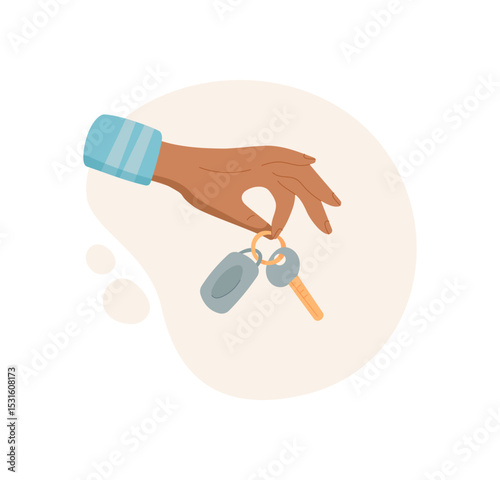 Hand gesture gives key. Icon of a hand receiving a key. Concept of transfer, flat style, suitable for graphic use in car themes and safety presentations.